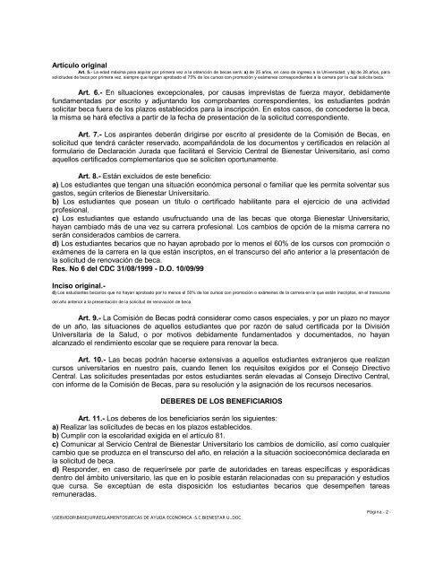 reglamento de becas de ayuda economica del servicio central de ...