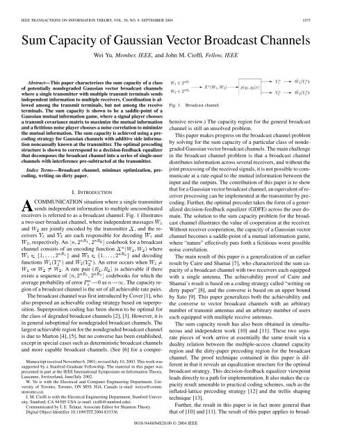 Sum Capacity of Gaussian Vector Broadcast Channels - IEEE Xplore