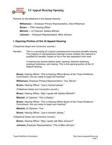 Unemployment Insurance Appeal Hearing Opening - Texas ...
