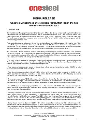 MEDIA RELEASE OneSteel Announces $45.5 Million Profit After Tax ...