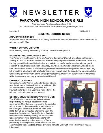 Newsletter 9 : 18 May 2012 - Parktown High School for Girls