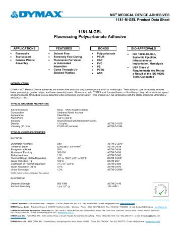 DYMAX 1181-M-GEL Medical Device Adhesive Product Data Sheet