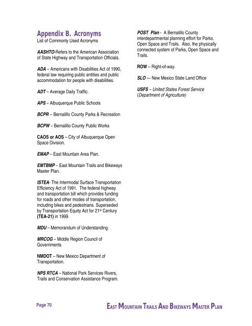 East Mountain Trails & Bikeways Master Plan - Bernalillo County