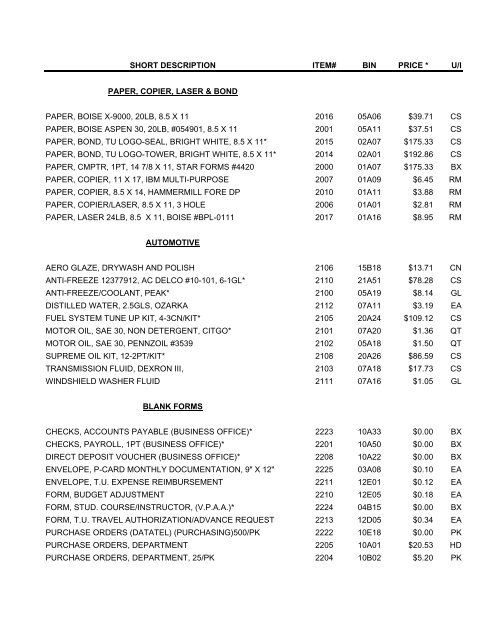 Short Description Item Bin Price U I Paper Trinity University