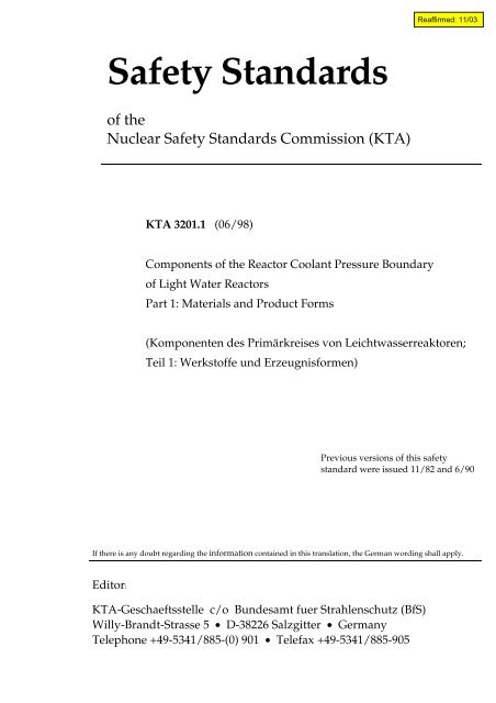 KTA 3201.1 Components of the Reactor Coolant Pressure Boundary ...