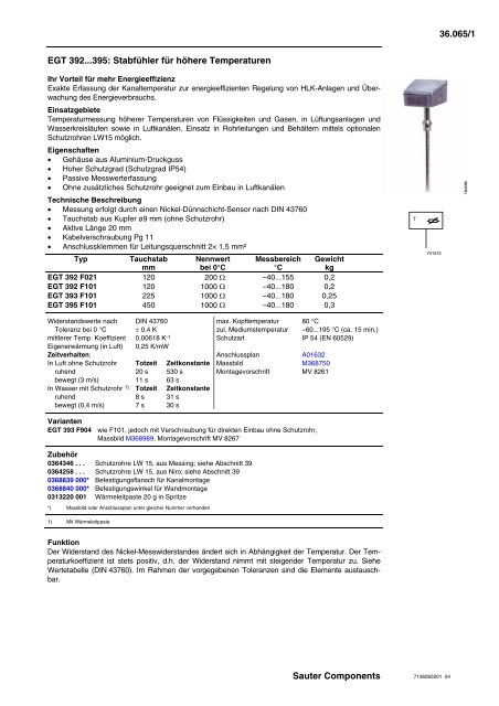 36.065/1 EGT 392...395: Stabfühler für höhere Temperaturen Sauter ...