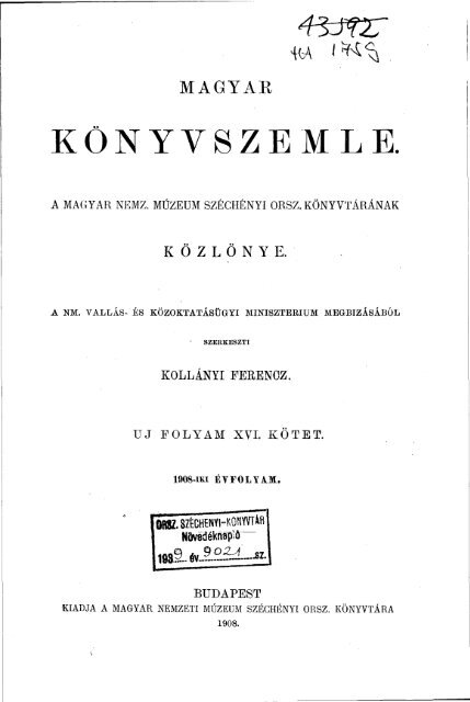 Magyar Könyvszemle Új folyam XVI. kötet, 1. füzet 1908 ... - EPA
