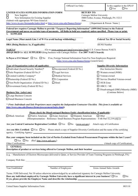 United States Supplier Information Form - Cert