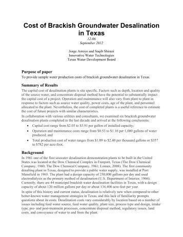 Cost of Brackish Groundwater Desalination in Texas - Texas Water ...