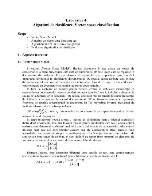 Laborator 4 Algoritmi de clasificare. Vector space classification