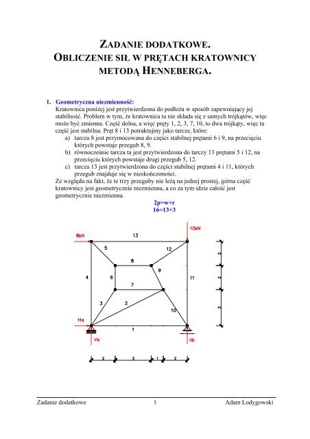 Obliczanie siÅ‚ w prÄ™tach kratownicy metodÄ… Henneberga