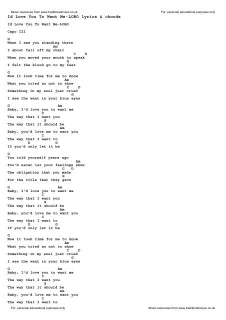 Id Love You To Want Me-LOBO lyrics &amp; chords - Traditional Music ...