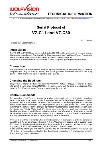 Serial Protocol Of VZ-C11 And VZ-C30 - WolfVision