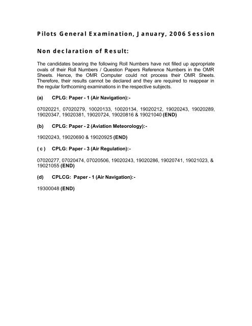 Pilots General Examination, January, 2006 Session Non declaration ...