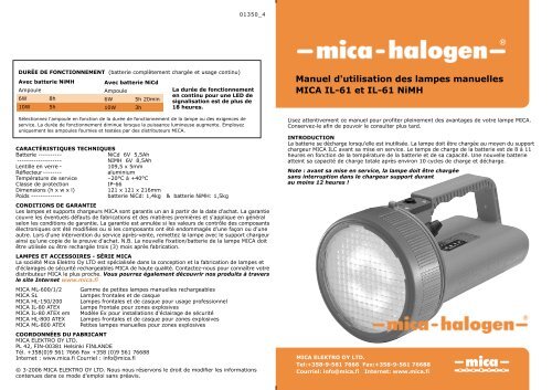 Manuel d'utilisation des lampes manuelles MICA IL-61 et IL-61 NiMH