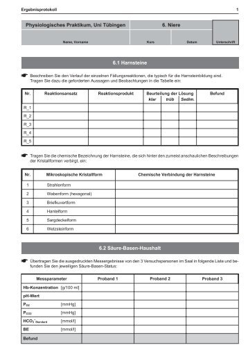 Physiologisches Praktikum, Uni TÃƒÂ¼bingen 6. Niere 6.1 Harnsteine ...