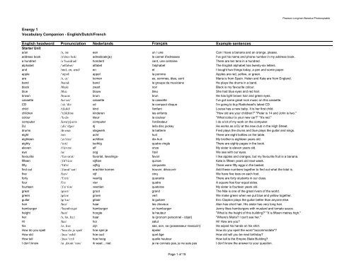 Energy 1 Wordlist English - Dutch - French - Pearson Education