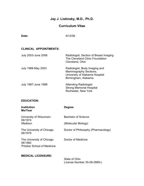 Jay J. Listinsky, MD, Ph.D. Curriculum Vitae - Department of Radiology