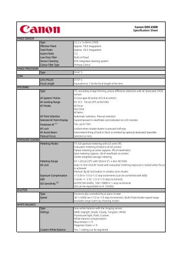 Canon EOS 650D Specification Sheet - LetsGoDigital