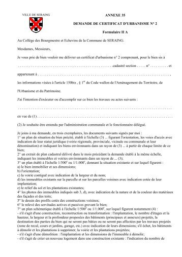 Demande de certificat d'urbanis - Seraing