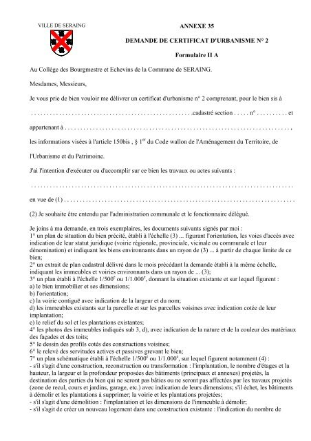Demande de certificat d'urbanis - Seraing