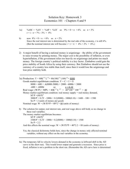 Solution Key Homework 3 Economics 101 Chapters 4 And 9