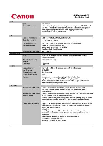 GPS Receiver GP-E2 Specification Sheet - Canon Europe