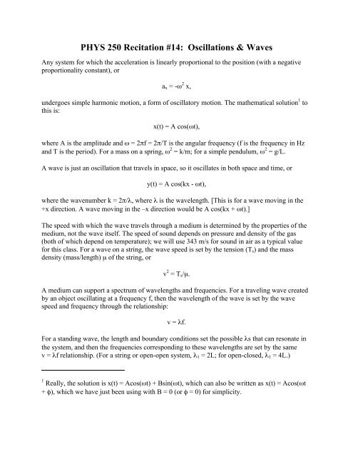 PHYS 250 Recitation 14-Oscillations and Waves