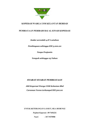 koperasi warga usm kelantan berhad pembiayaan peribadi bai