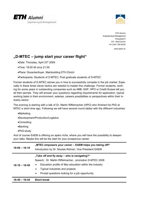 „D-MTEC – jump start your career flight“ - OBIS - ETH Zürich