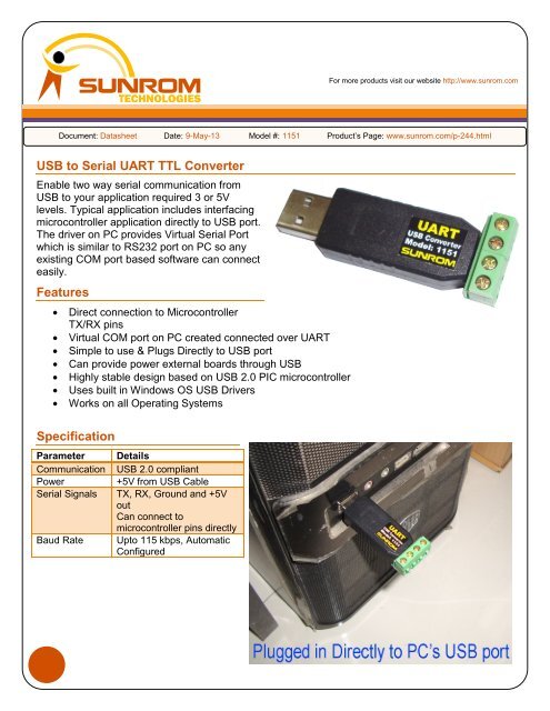 USB to Serial UART TTL Converter Features Specification - Sunrom ...