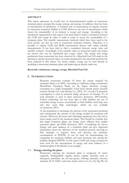 Exergy saving and exergy production in municipal wastewater ...