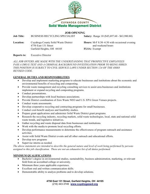 JOB OPENING - Cuyahoga County Solid Waste District
