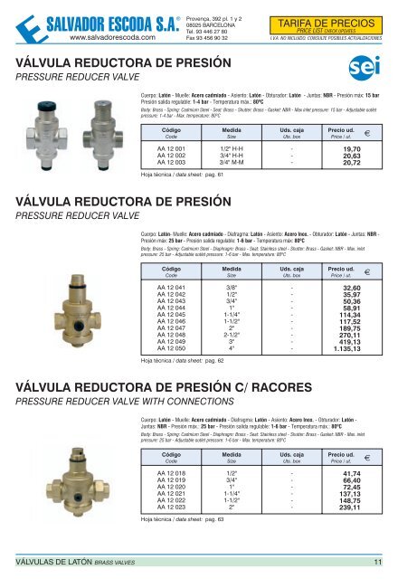 Tarifa de Precios - Válvulas y Accesorios SEI - Salvador Escoda SA