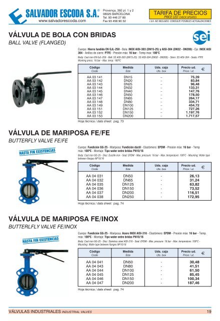 Tarifa de Precios - Válvulas y Accesorios SEI - Salvador Escoda SA