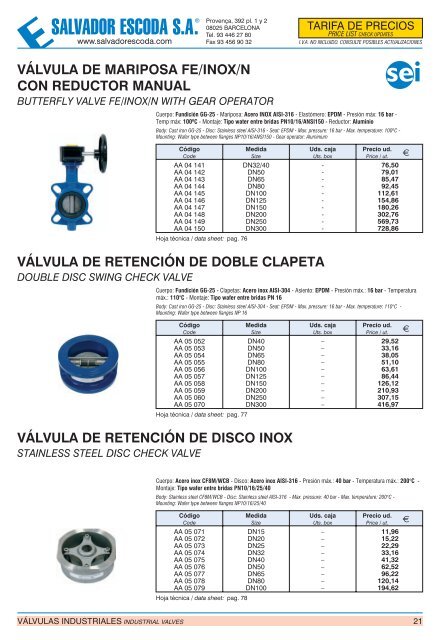 Tarifa de Precios - Válvulas y Accesorios SEI - Salvador Escoda SA