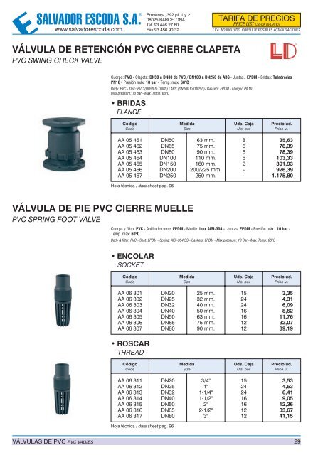 Tarifa de Precios - Válvulas y Accesorios SEI - Salvador Escoda SA