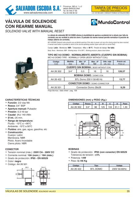 Tarifa de Precios - Válvulas y Accesorios SEI - Salvador Escoda SA