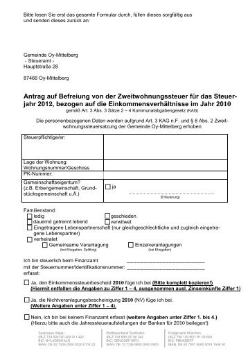 Antrag auf Befreiung von der Zweitwohnungssteuer ... - Oy-Mittelberg