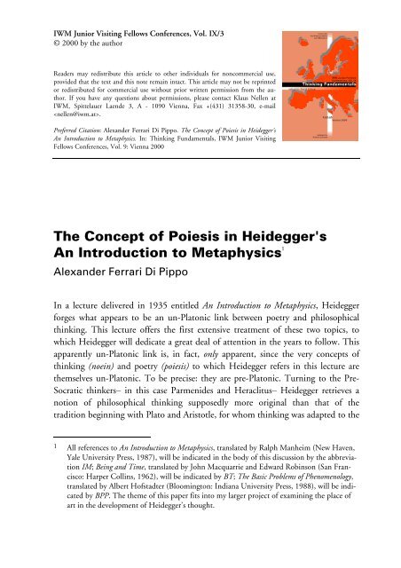 The Concept of Poiesis in Heidegger's An Introduction to ... - IWM