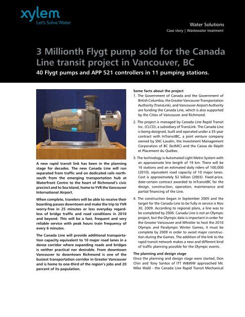 3 Millionth Flygt pump sold for the Canada Line ... - Water Solutions