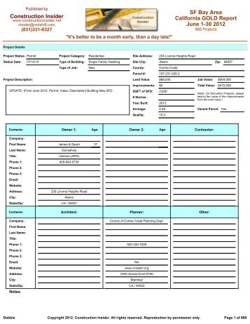 Construction Insider California GOLD Report SF Bay Area June 1-30 ...