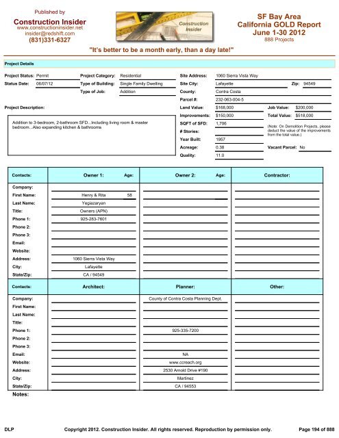 Construction Insider California GOLD Report SF Bay Area June 1-30 ...