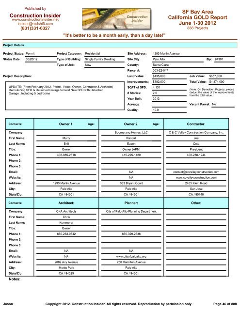 Construction Insider California GOLD Report SF Bay Area June 1-30 ...