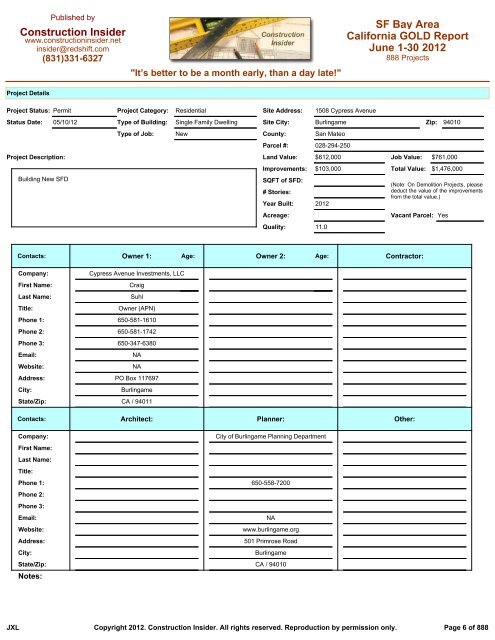 Construction Insider California GOLD Report SF Bay Area June 1-30 ...