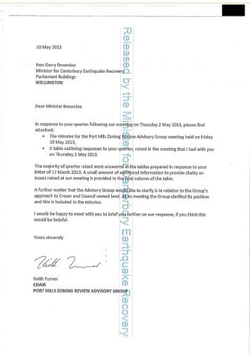 Letter from Dr Keith Turner to Minister Brownlee providing further ...