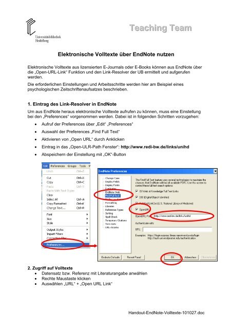 Handout zum Aufruf von elektronischen Volltexten Ã¼ber EndNote