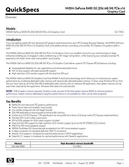 Nvidia Geforce 8400 Gs 256 Mb Sh Pcie X16 Server Unit
