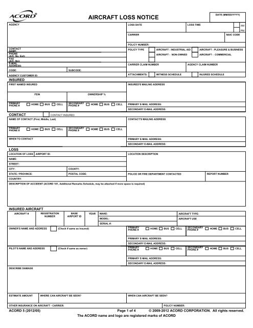 AIRCRAFT LOSS NOTICE - Professional Insurance Agents