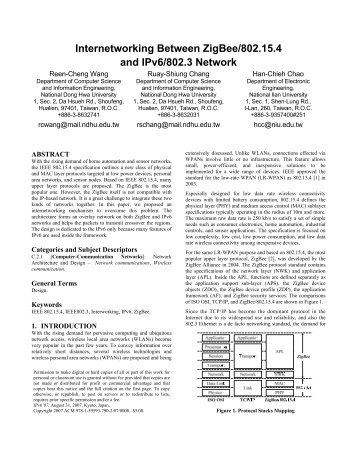 Internetworking Between ZigBee/802.15.4 and IPv6/802.3 Network